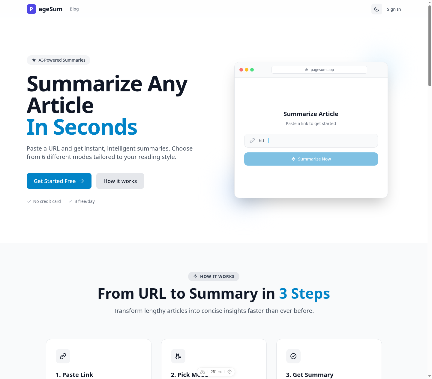 PageSum article summarizer interface
