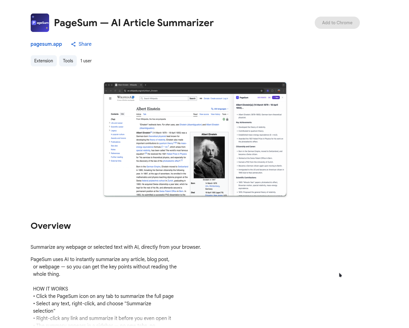 PageSum Chrome extension on the Chrome Web Store
