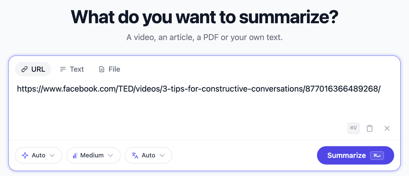 Pasting a Facebook video link into the PageSum URL field