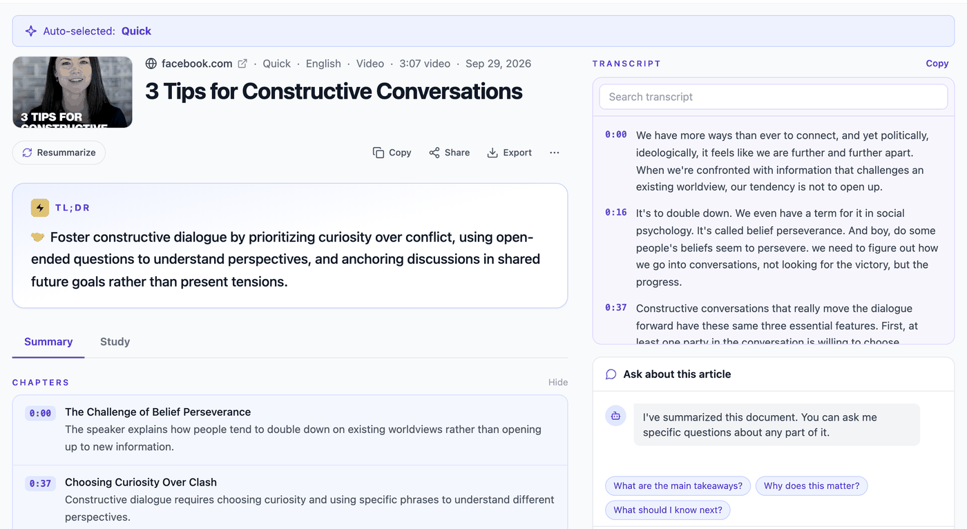 A Facebook video summarized in PageSum, with the transcript beside the summary