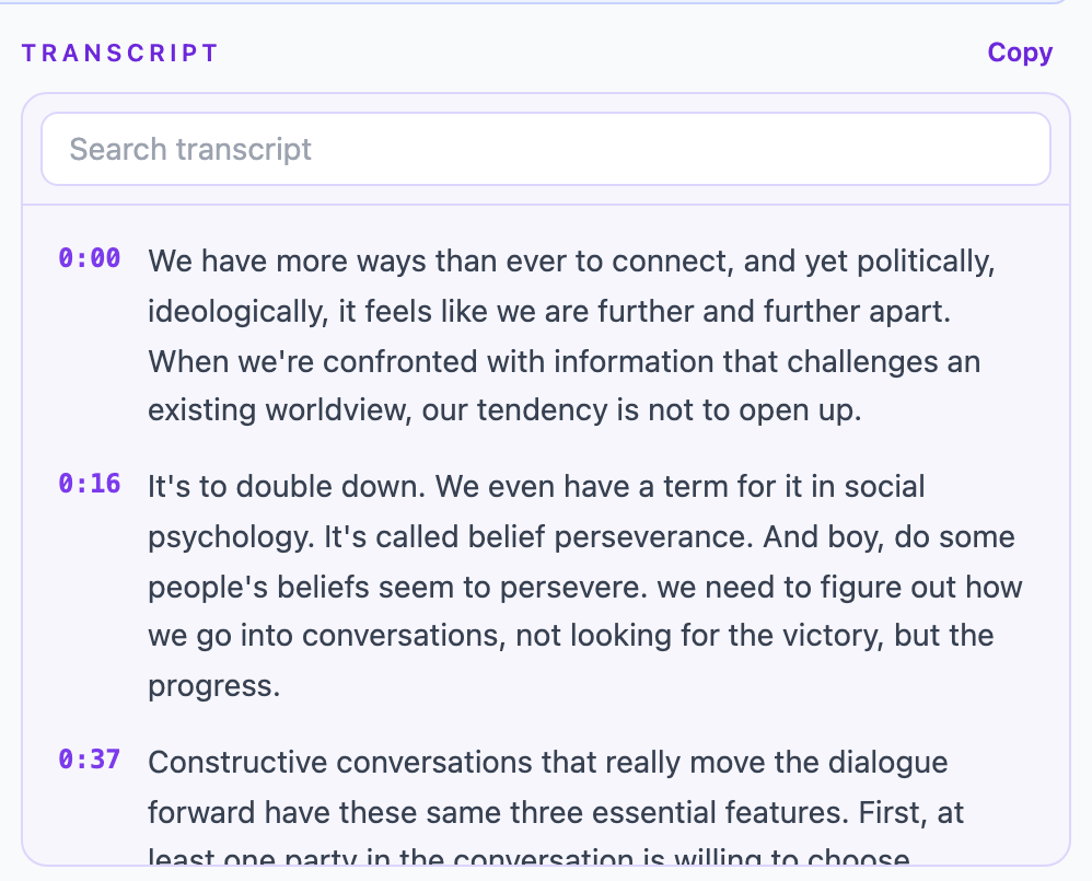The transcript of a Facebook video in PageSum, with the Copy button