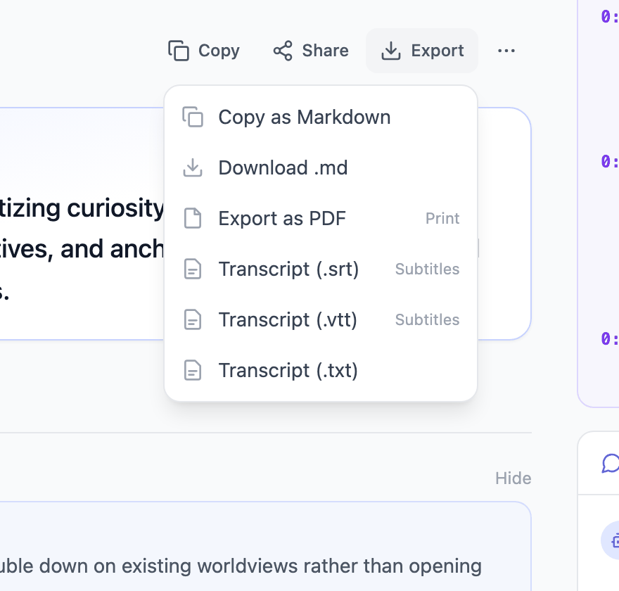 PageSum's export menu with TXT, SRT and VTT transcript downloads